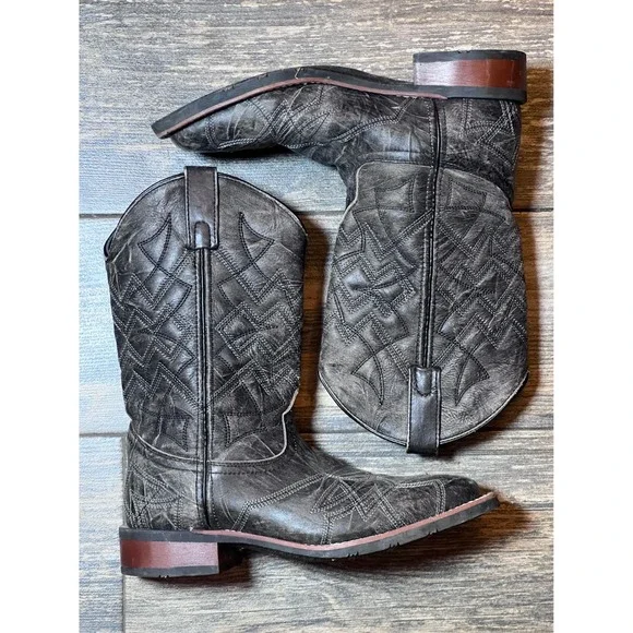 Laredo Axel Men 8D Black Distressed Leather Square Toe Cowboy Boots 7927 Western - Picture 3 of 11